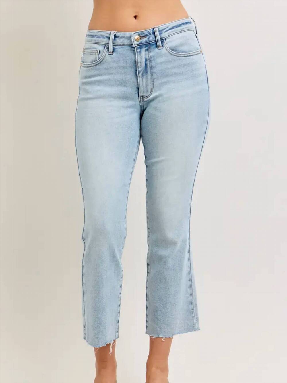 NEW JUDY BLUE mr. kick flare with raw hem jeans in light blue